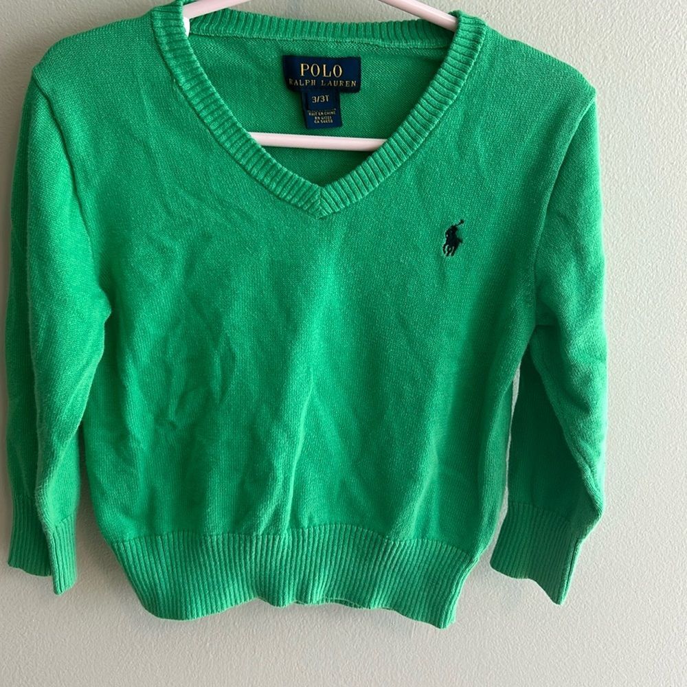 Polo Ralph Lauren Toddler Boys Green V Neck 100 Cotton Knit Sweater Size 3 3T